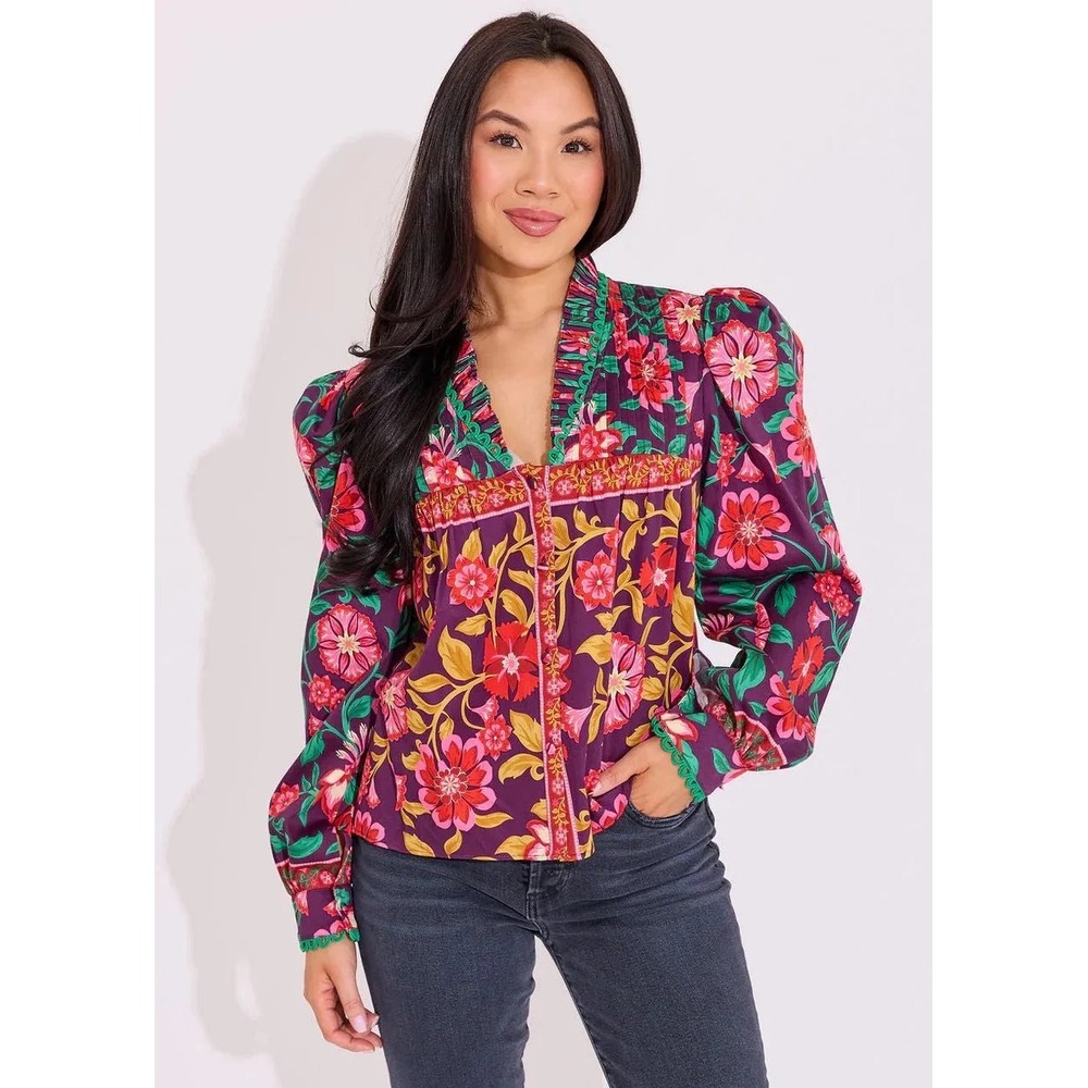 Alden Adair Oliver Top Womens Medium Purple Floral Puff Sleeve Ruffle V-Neck NWT